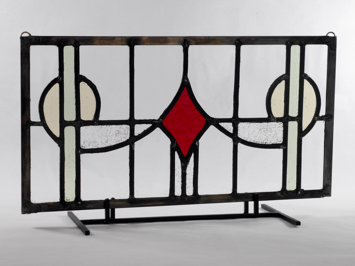 English Style Leaded Glass Panel, Stained Glass Transom, Clear Red and Green and Yellow Glass.