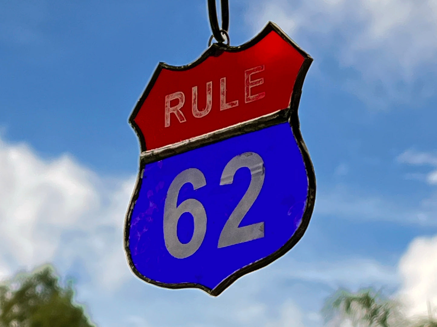 Rule 62 AA Recovery Symbol Stained Glass Sun Catcher, Christmas Ornament, Red and Blue glass