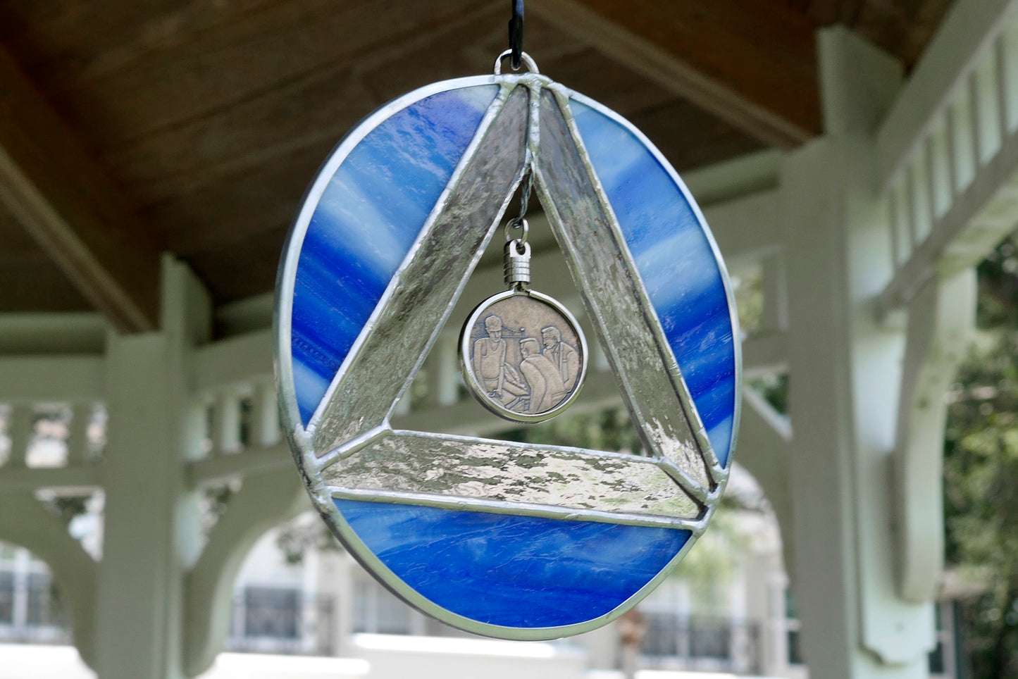 AA Symbol Stained Glass Chip Holder Streaky Blue 6in diameter