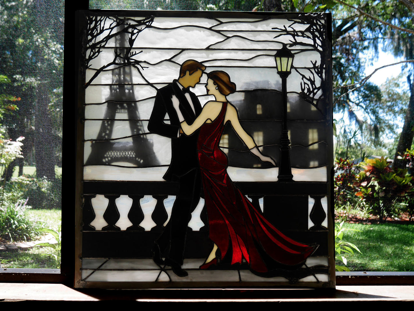 Waltzing in Paris, Romantic Stained Glass Panel, Home Decor, Ballroom Dancing