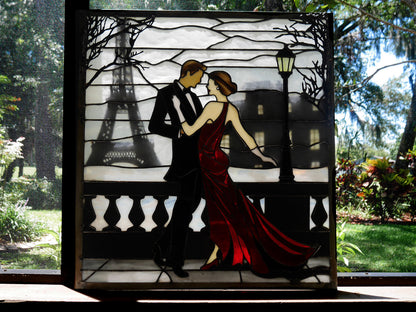 Waltzing in Paris, Romantic Stained Glass Panel, Home Decor, Ballroom Dancing
