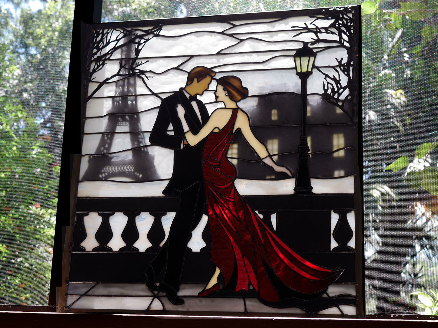 Waltzing in Paris, Romantic Stained Glass Panel, Home Decor, Ballroom Dancing