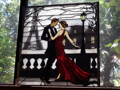 Waltzing in Paris, Romantic Stained Glass Panel, Home Decor, Ballroom Dancing