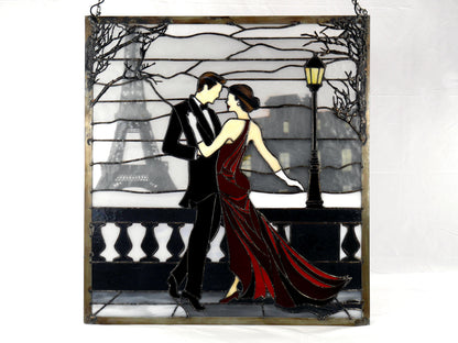 Waltzing in Paris, Romantic Stained Glass Panel, Home Decor, Ballroom Dancing