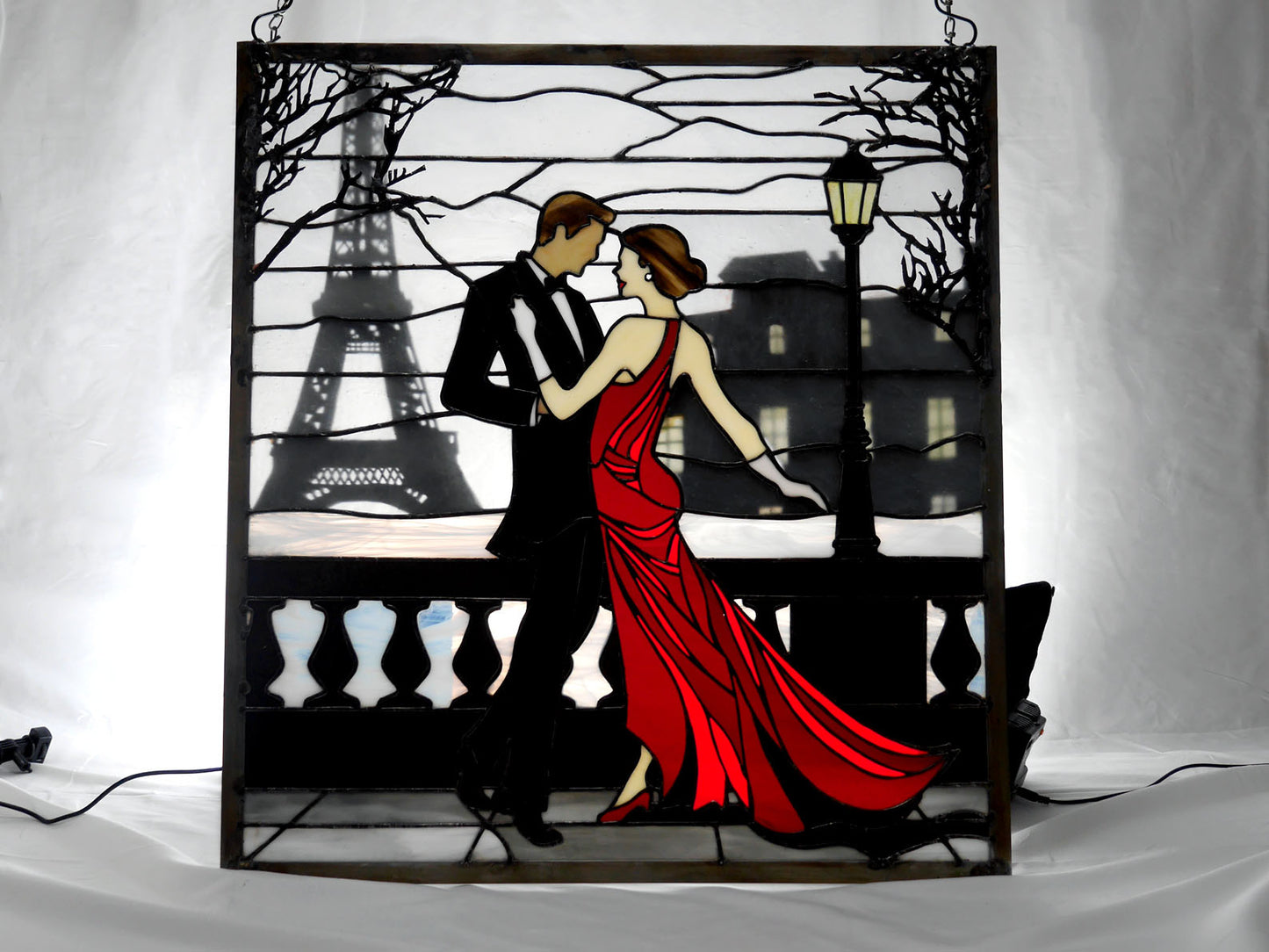 Waltzing in Paris, Romantic Stained Glass Panel, Home Decor, Ballroom Dancing
