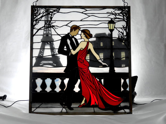 Waltzing in Paris, Romantic Stained Glass Panel, Home Decor, Ballroom Dancing