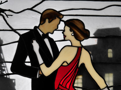 Waltzing in Paris, Romantic Stained Glass Panel, Home Decor, Ballroom Dancing