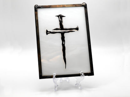 Cross of Nails Stained Glass Panel in wispy white