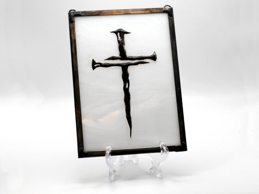 Cross of Nails Stained Glass Panel in wispy white