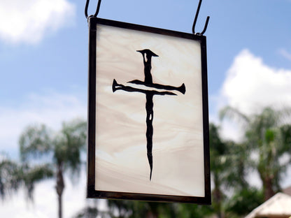 Cross of Nails Stained Glass Panel in wispy white