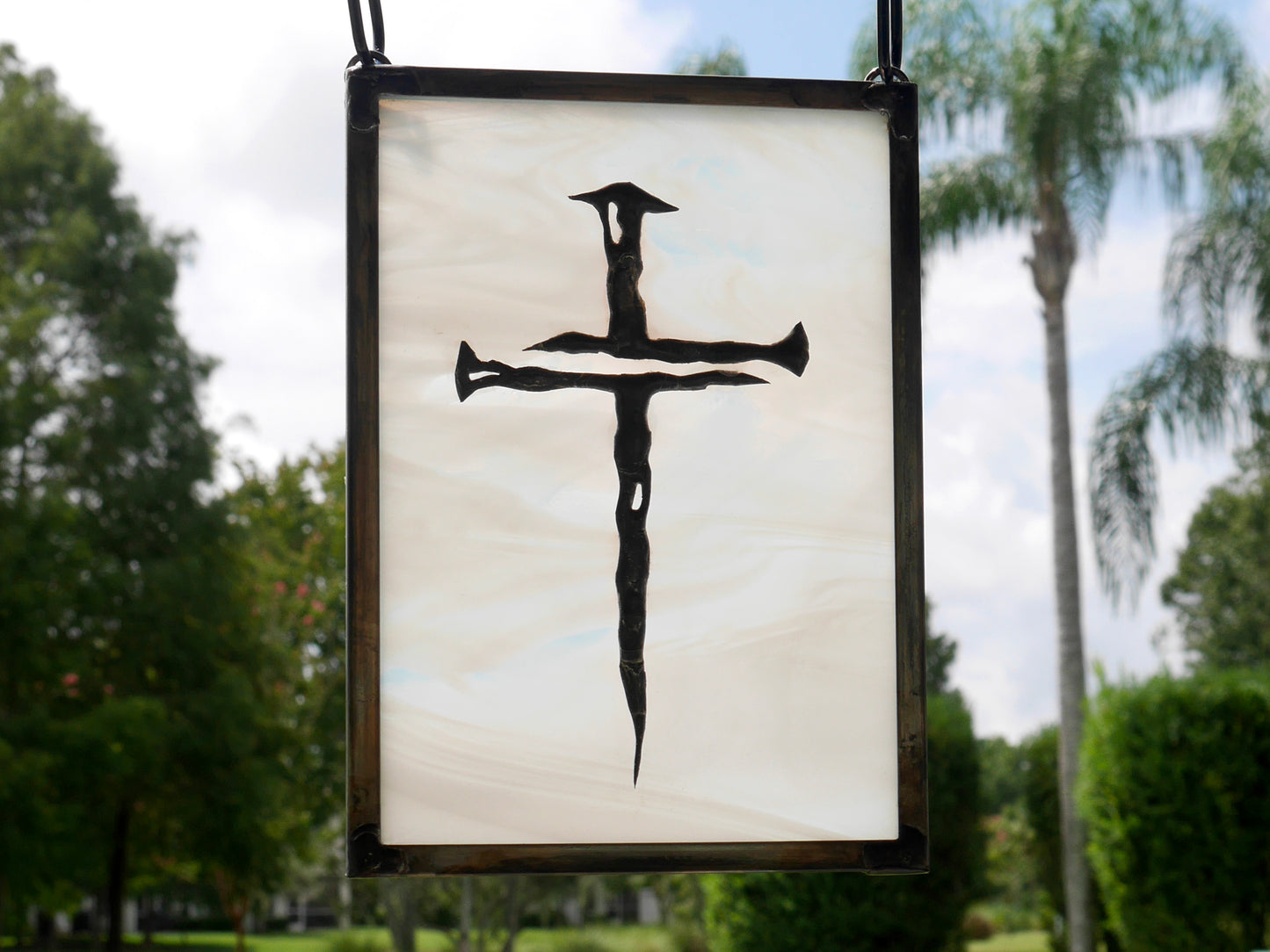 Cross of Nails Stained Glass Panel in wispy white