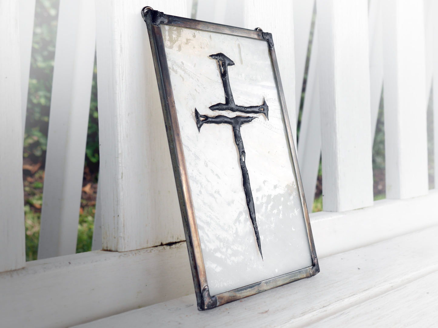 Stained Glass Cross of Nails Panel 8.25in x 5.25in White Wispy and Cream