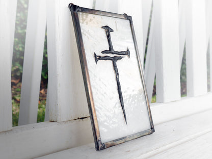 Stained Glass Cross of Nails Panel 8.25in x 5.25in White Wispy and Cream