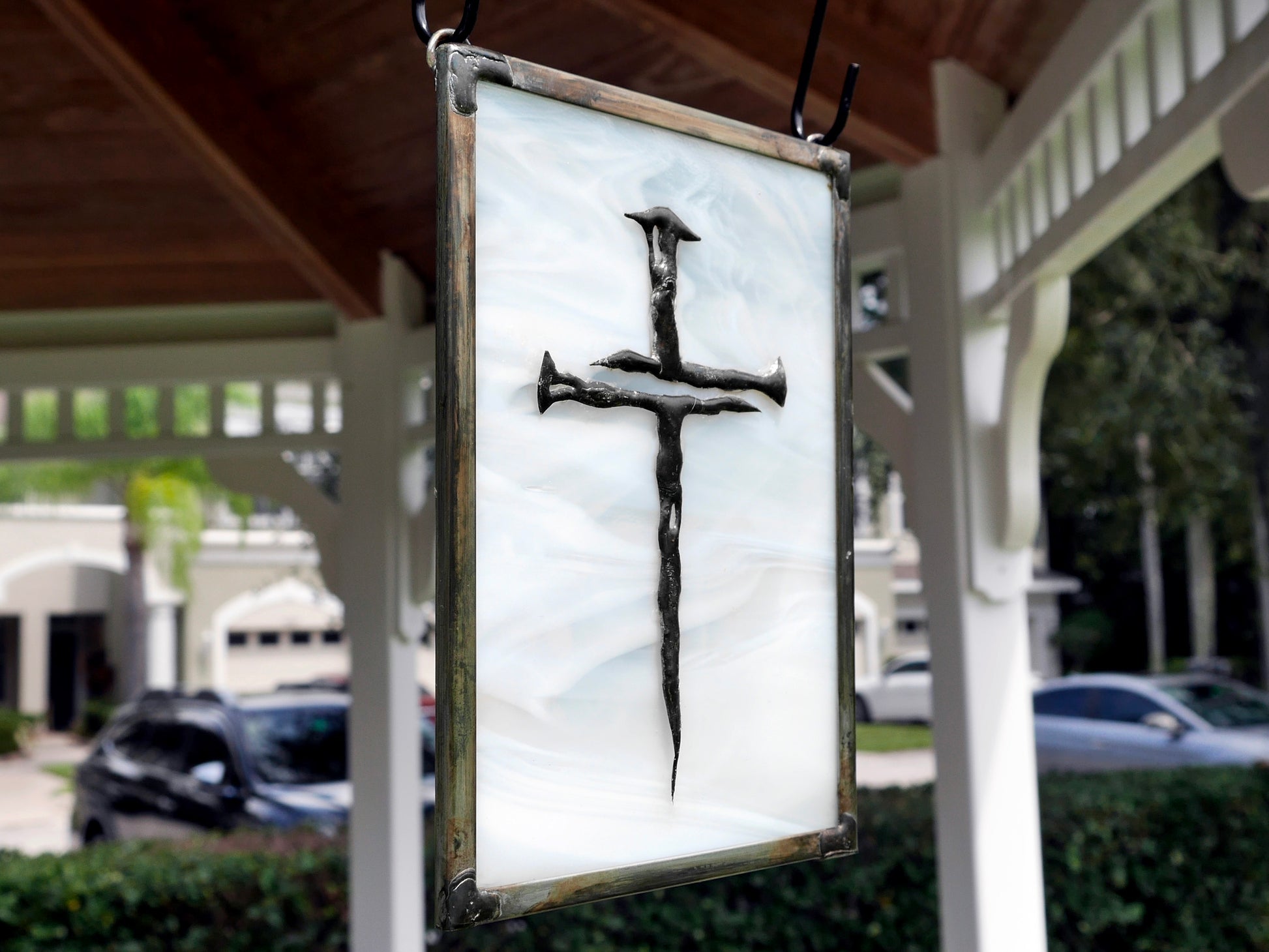 Cross of Nails Stained Glass Panel in wispy white