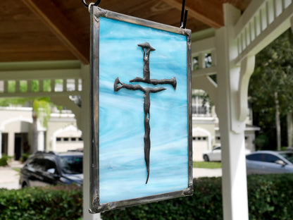 Stained Glass Cross of Nails Panel 8.25in x 5.25in Blue Wispy 2