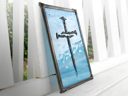 Stained Glass Cross of Nails Panel 8.25in x 5.25in Blue Wispy 2