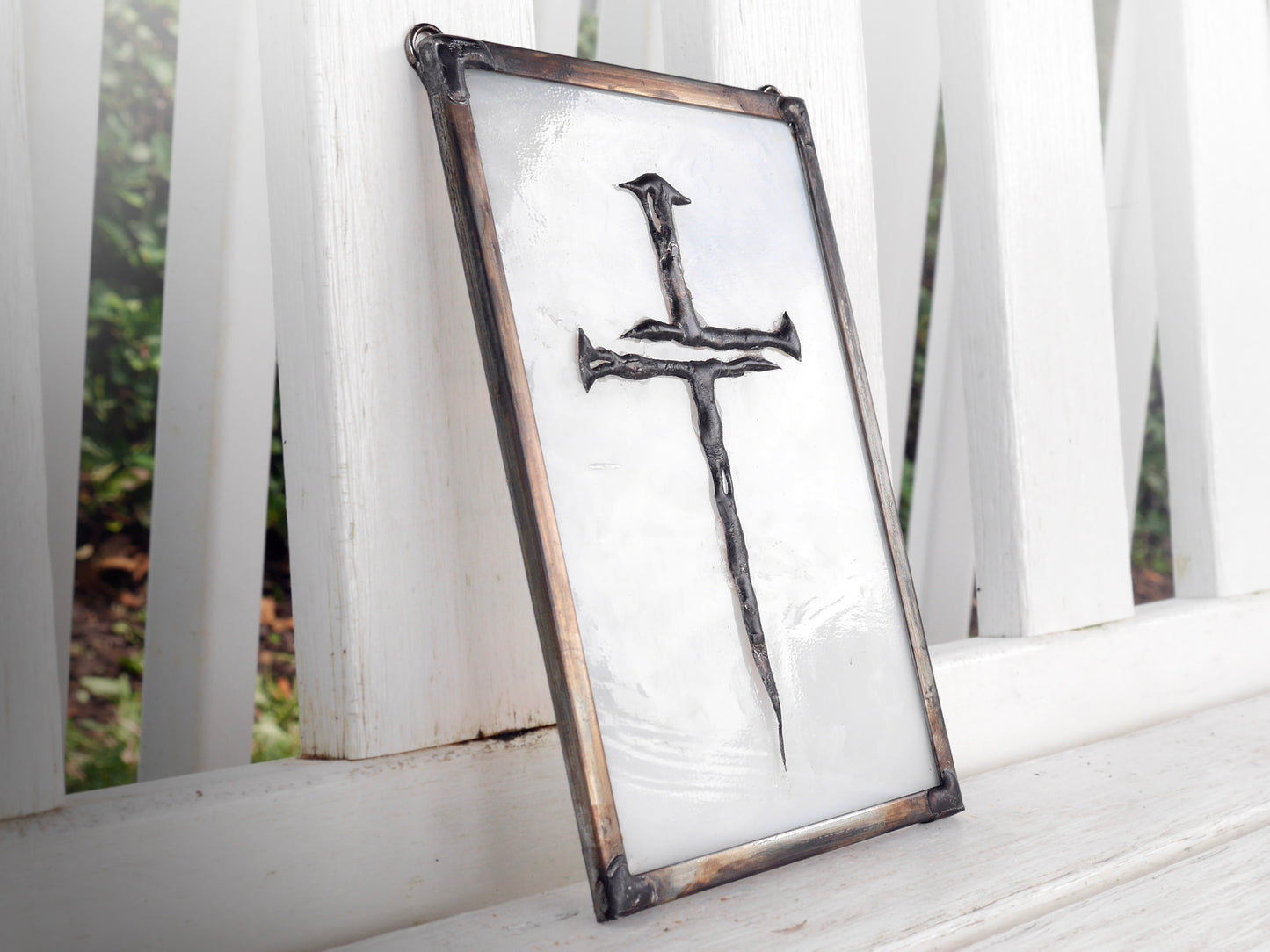 Cross of Nails Stained Glass Panel in wispy white