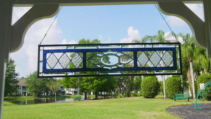 Victorian Style Stained Glass Transom Window 36.5in x 8.5 in Blue with Beveled Glass