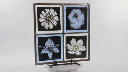 English Style Leaded Glass Four Flower Panel, Four Tenants of Love, Clear and Blue Glass.