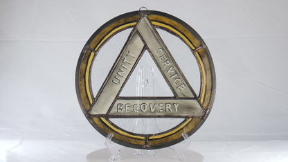 Stained Glass AA Recovery Symbol Panel: Painted Amber & Beveled Glass