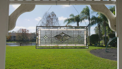 Victorian Style Stained Glass Transom Window, 24.5in x 10.25in Beige and Beveled Glass