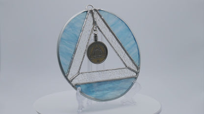 AA Symbol Stained Glass Chip Holder Light Blue Streaky 6in diameter