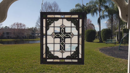 Celtic Stained Glass Cross Panel 20.5in x 17.5in  Beveled and Colored Glass