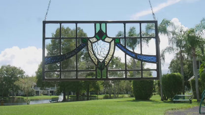 English Style Leaded Glass Panel, Stained Glass Transom, Clear Blue Green and Yellow Glass.