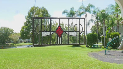 English Style Leaded Glass Panel, Stained Glass Transom, Clear Red and Green and Yellow Glass.