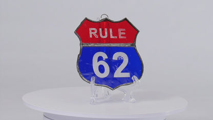 Rule 62 AA Recovery Symbol Stained Glass Sun Catcher, Christmas Ornament, Red and Blue glass