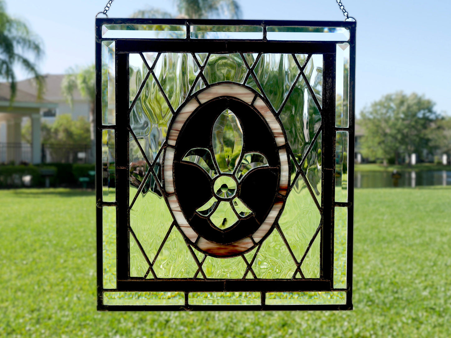 Beveled Flor de Lis Victorian Style Stained Glass Panel 13in x 12in