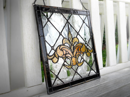 Victorian Style Flor de Lis Stained Glass Panel 13.5in x 13.5in