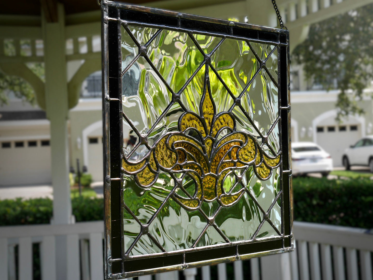 Victorian Style Flor de Lis Stained Glass Panel 13.5in x 13.5in