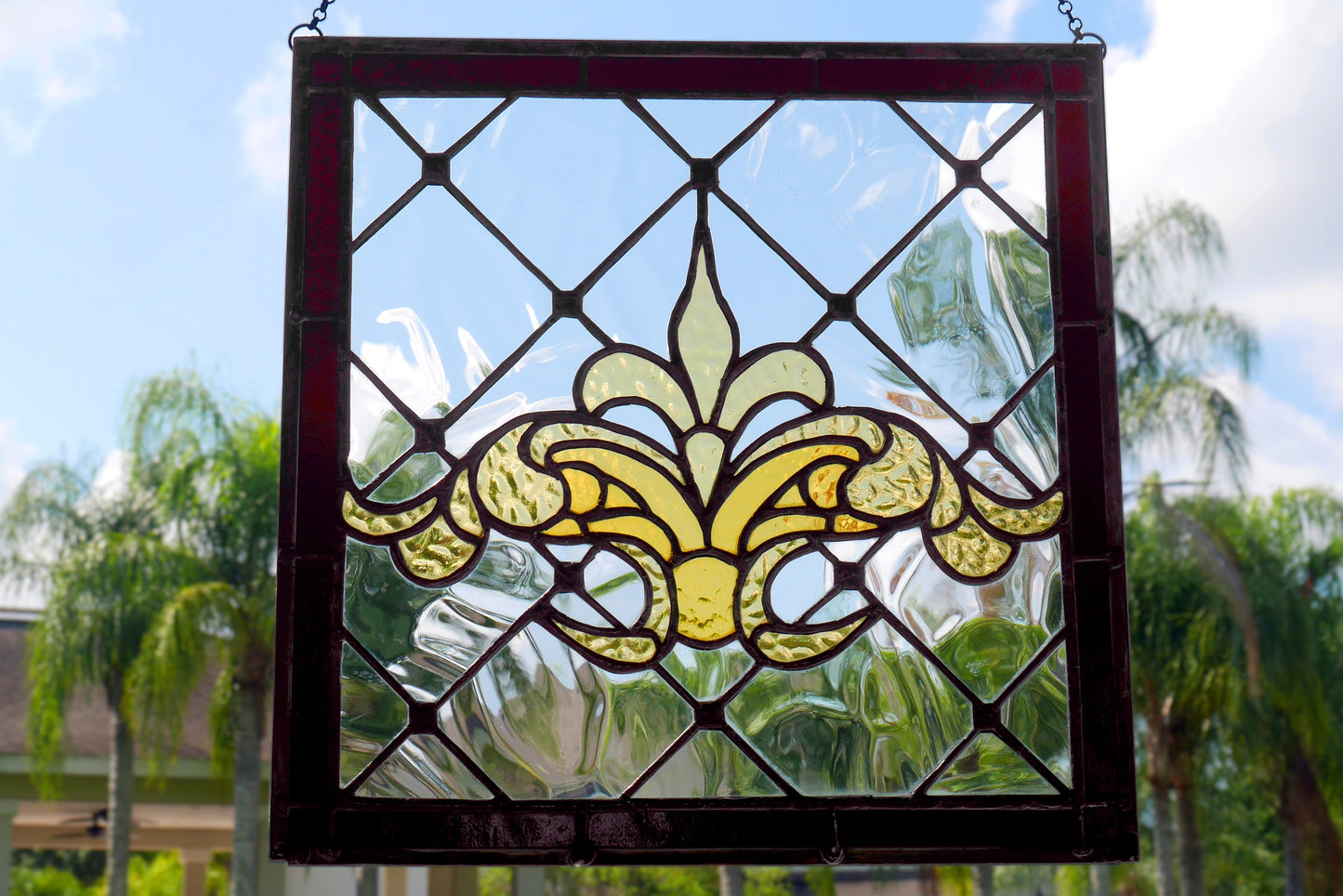 Victorian Style Flor de Lis Stained Glass Panel 13.5in x 13.5in