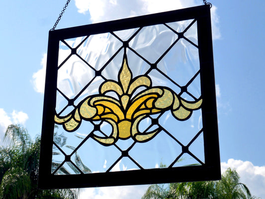 Victorian Style Flor de Lis Stained Glass Panel 13.5in x 13.5in